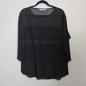Trina Turk Silk Sheer Monochromatic Blocked 3/4 Sleeve Top Relaxed Black Size M